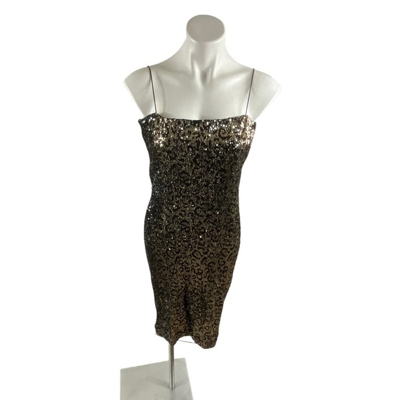 Milly Leopard Print Square Neck Spaghetti Strap Sequin Midi Shift Dress - Picture 7 of 9